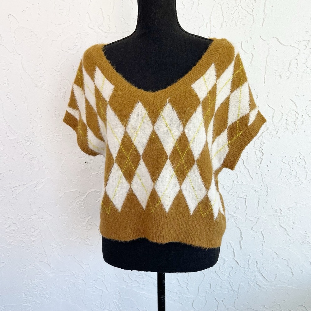 Free People Through The Motions Argyle Sweater Vest Size XS V-neck Oversized